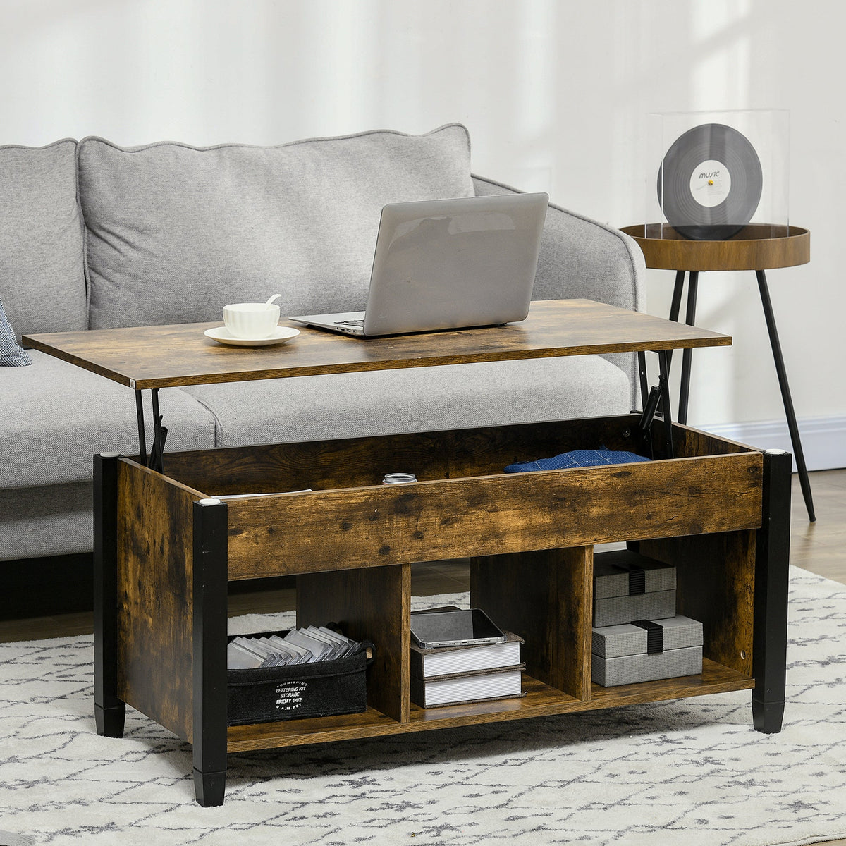 Lift Top Coffee Table, Modern Center Table with Storage Shelves and Hidden Compartment for Living Room, 41" L, Espresso