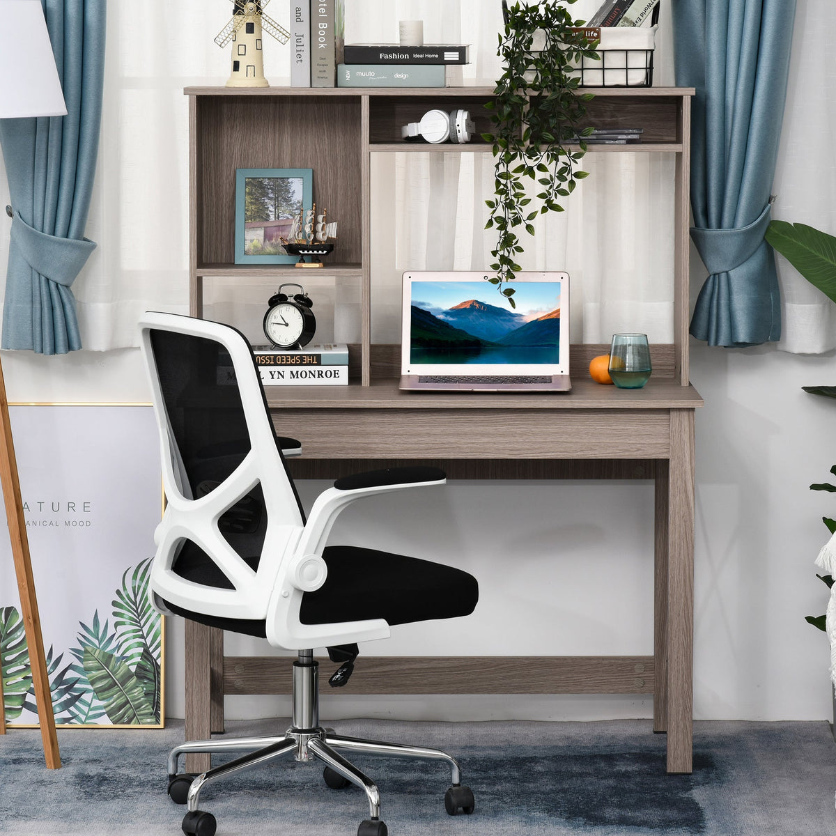 Computer Desk with Hutch, Home Office Table with Storage Shelves and Open Compartments for Writing, Work, Brown