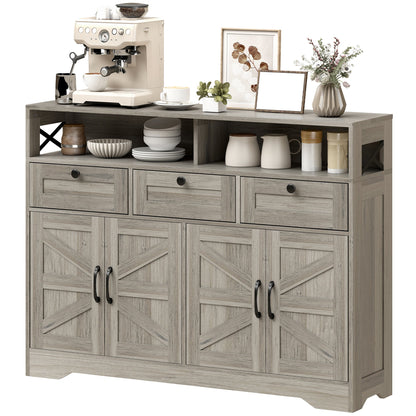 Sideboard, Buffet Cabinet with 4 Barn Doors and 3 Drawers, Coffee Bar Cabinet with Adjustable Shelves, Black