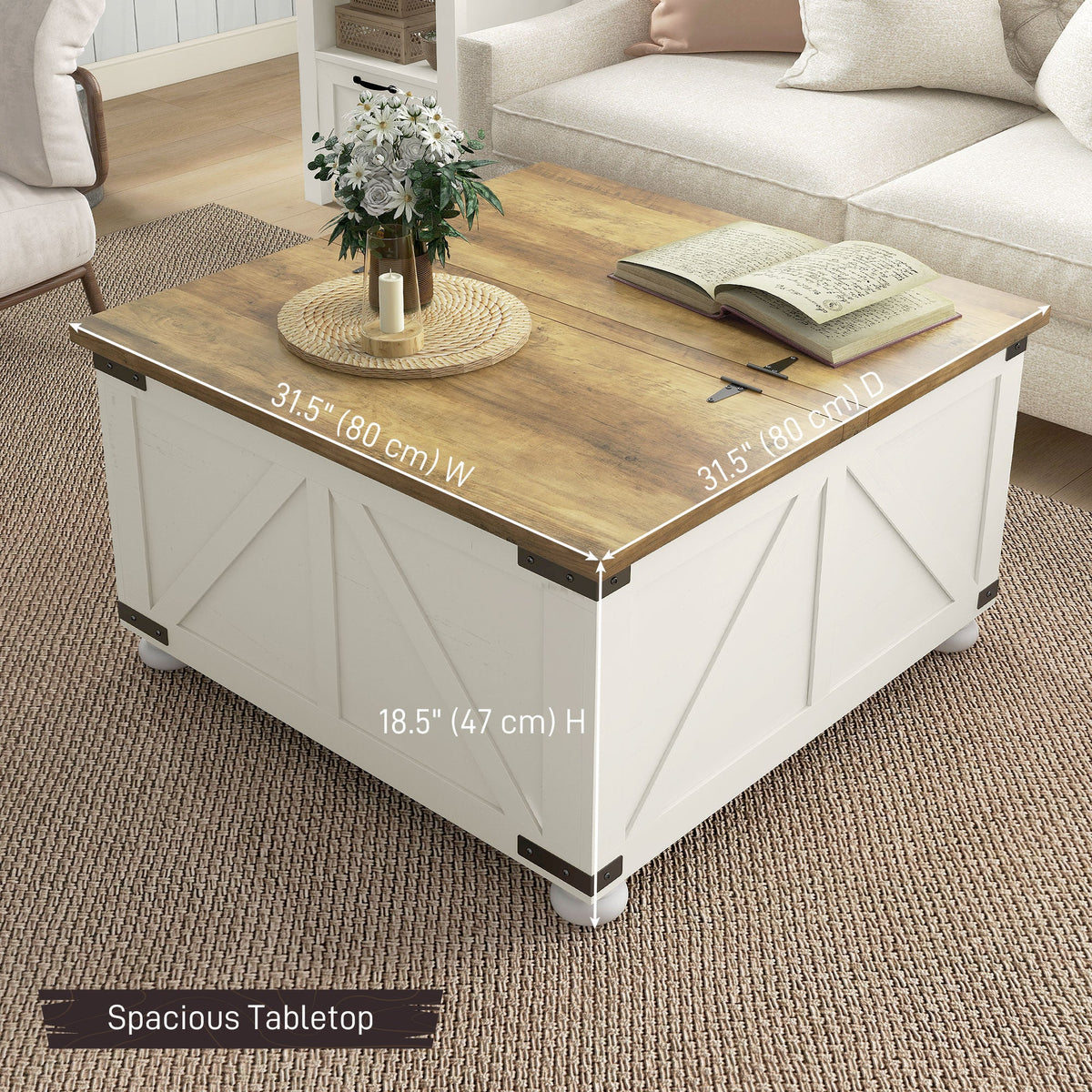 Farmhouse Coffee Table, Square Center Table with Flip-top Lids, Hidden Storage Compartment and Wooden Legs, Oak
