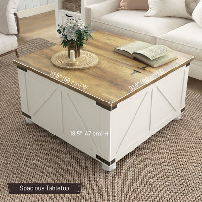 Farmhouse Coffee Table, Square Center Table with Flip-top Lids, Hidden Storage Compartment and Wooden Legs, Oak