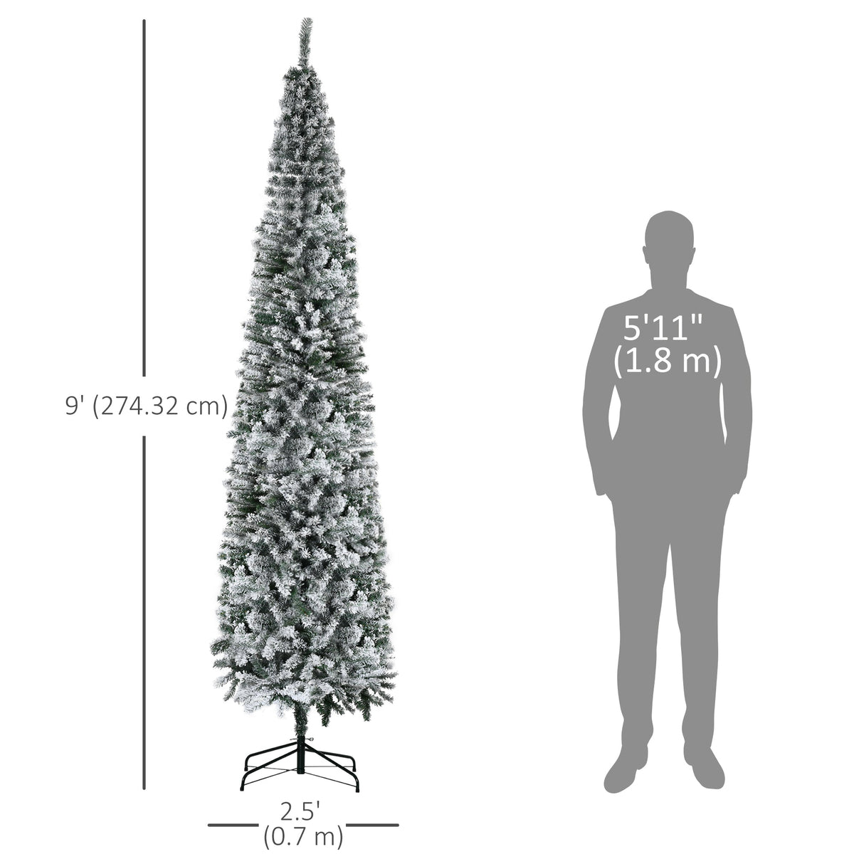 6ft Flocked Christmas Tree, Pencil Christmas Tree with Realistic Branch Tips, Folding Metal Stand, Green