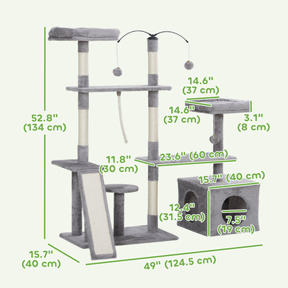 53" Cat Tree, Cat Tower with Scratching Posts, Cat Condo, Beds, Platforms, Toy Balls for Indoor Cats, Dark Grey