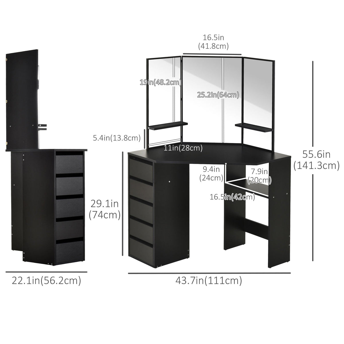 Corner Vanity Desk with Mirror, Makeup Vanity Table with 5 Drawers and Open Shelves, Dressing Table with 3-piece Mirror for Bedroom, Black