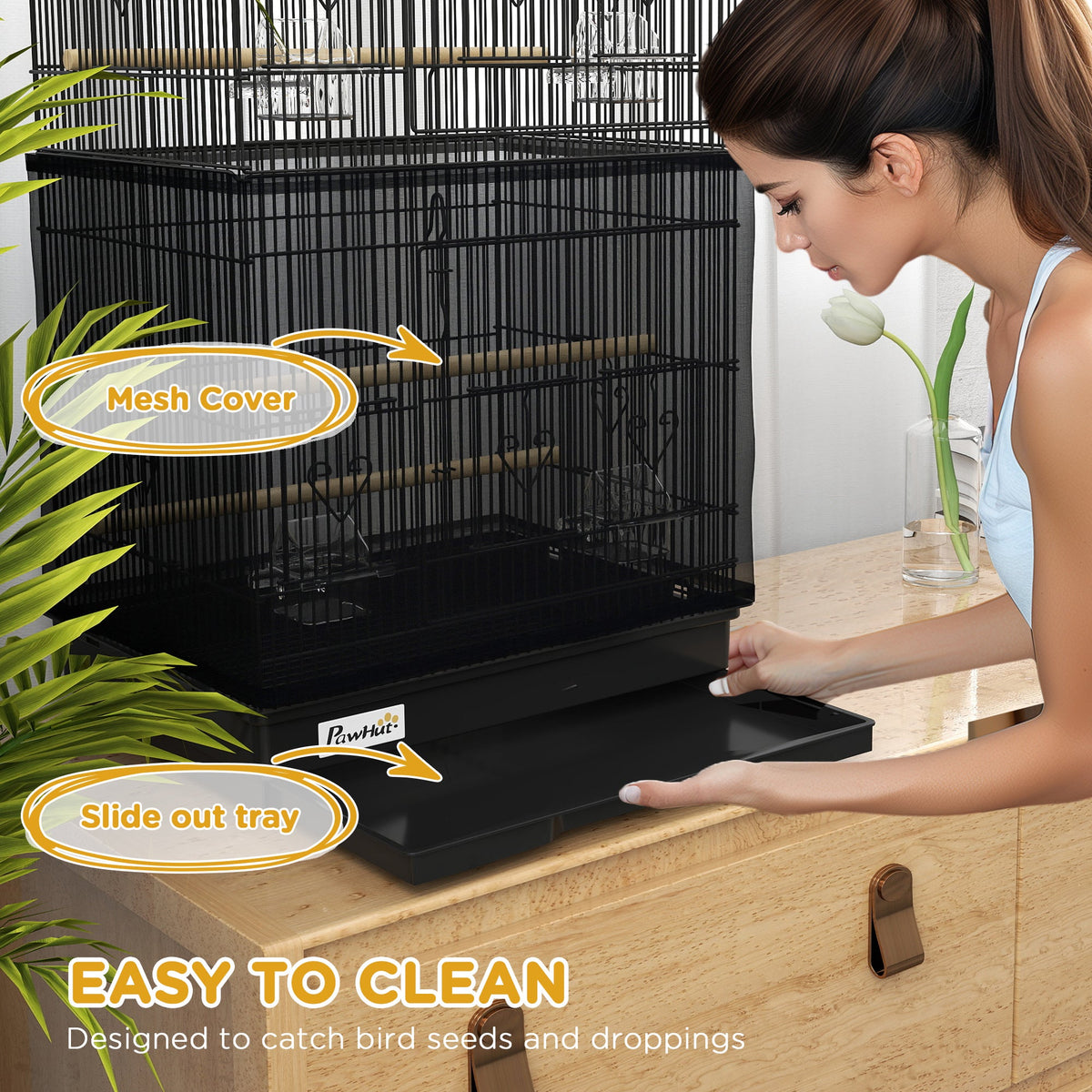 36" Bird Cage with Accessories, Handle, Mesh Cover, Tray, Black