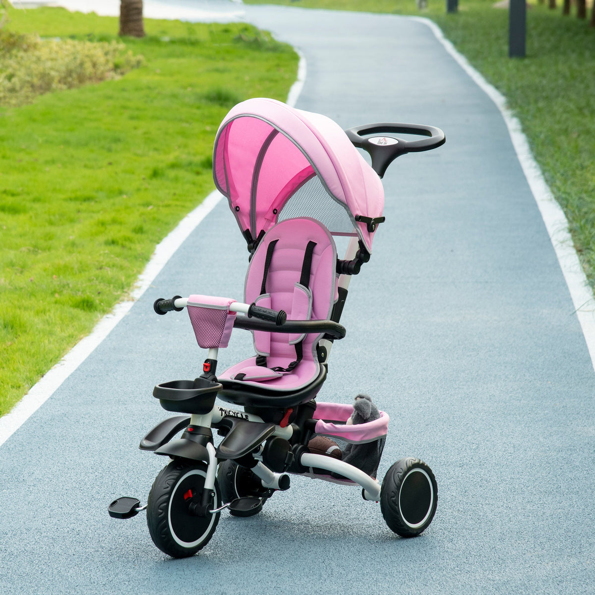 Tricycle for Toddler 6-in-1 Kids Trike, Foldable Converts Stroller to Baby Push Bike, Adjustable Backrest with Detachable Guardrail & Handle, Brake for 1-4 Years Old, Grey