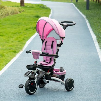 Tricycle for Toddler 6-in-1 Kids Trike, Foldable Converts Stroller to Baby Push Bike, Adjustable Backrest with Detachable Guardrail & Handle, Brake for 1-4 Years Old, Grey