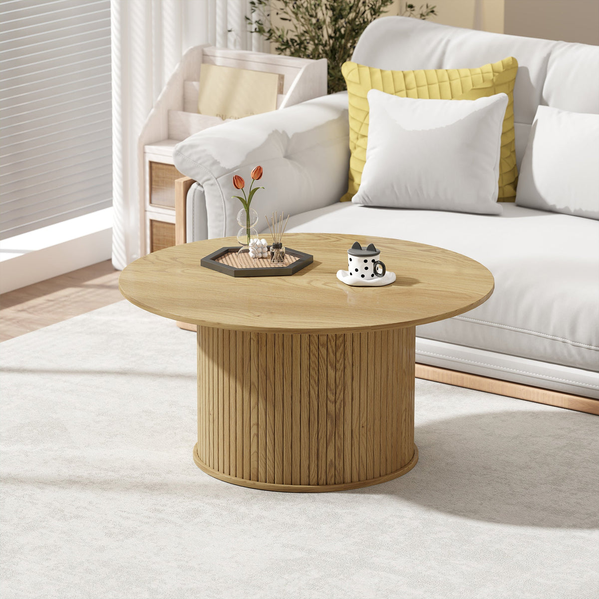 Cedar 31.5" Modern Nordic Style Center Table with Fluted Base-Oak