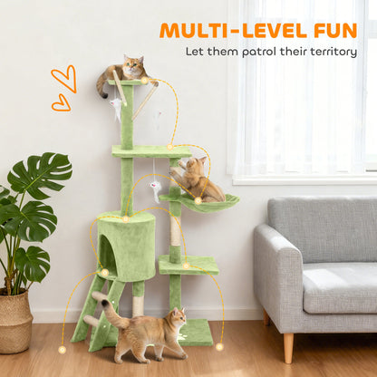 53" Cat Tree Tower, Kitten Activity Centre with Scratching Posts, Condo, Perches, Ladder, Hammock, Dangling Toys, Grey