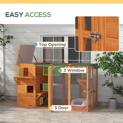 Wooden Cat Catio, 76"L Walk in Outdoor Cat House with Asphalt Roof, Platforms, Lockable Doors, 3-tier Resting Condo, Observation Window, for 2-3 Cats, Light Grey