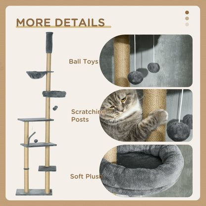 Floor to Ceiling Cat Tree, 90.5" - 98.5" Cat Tower with Scratching Post, Dangling Balls, Platforms, Bed, Hammock, Grey