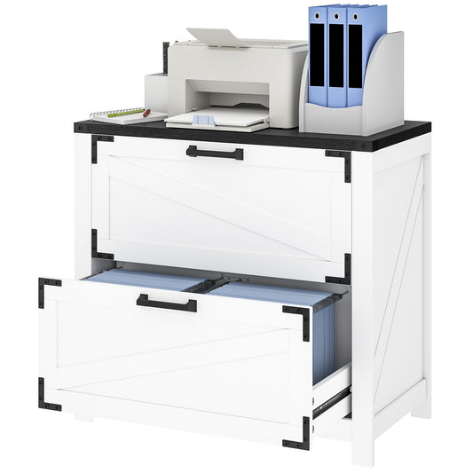 2 Drawer Filing Cabinet, Farmhouse Office Storage Cabinet with Adjustable Hanging Bars for Letter, A4, Legal Size, White