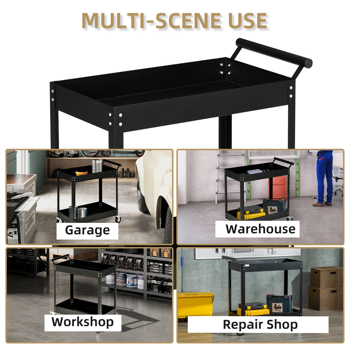 Rolling Tool Cart, 2 Tier Mobile Service Utility Cart with Wheels, Black