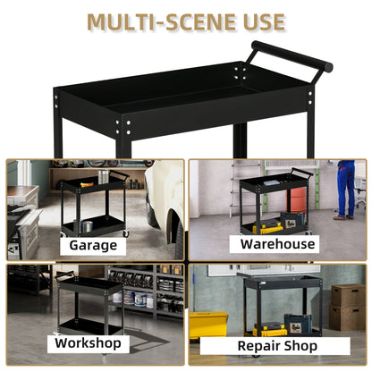 Rolling Tool Cart, 2 Tier Mobile Service Utility Cart with Wheels, Black