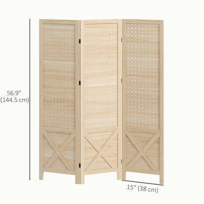 4.7' 3 Panel Wooden Room Divider with Pegboard Display, Folding Privacy Screen for Home Office, Natural