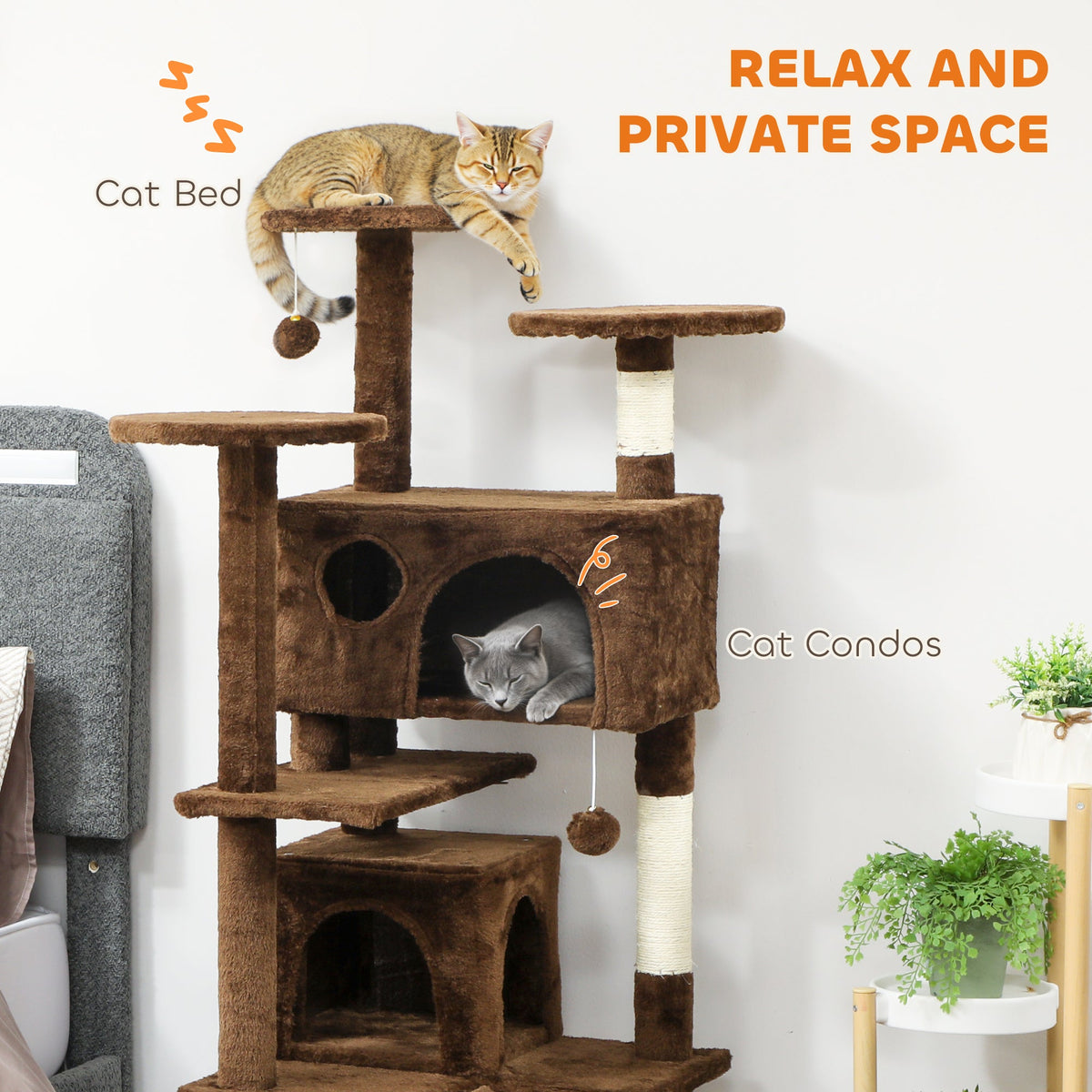 54" Cat Tree, Multi-Level Cat Tower with Scratching Posts, Cat Condos, Bed, Platforms, Ramp, Toy Ball, Beige