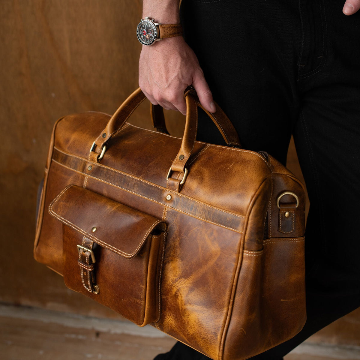 The Voyager Duffle - Cognac Full-Grain Distressed Leather Duffle Bag