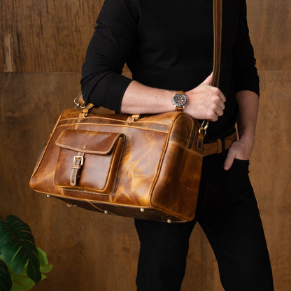 The Voyager Duffle - Cognac Full-Grain Distressed Leather Duffle Bag