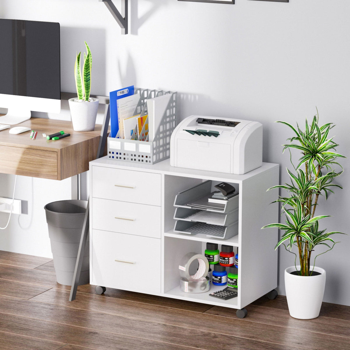 Modern Lateral Filing Cabinet, 3 Drawer File Cabinet for Letter and A4 Size Documents, Mobile, Printer Stand with Open Shelves, Rolling Wheels, Black