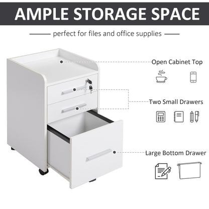 3 Drawer File Cabinet with Lock and Edged Top, Lockable Filing Cabinet on Wheels for Letter and A4 Size, White