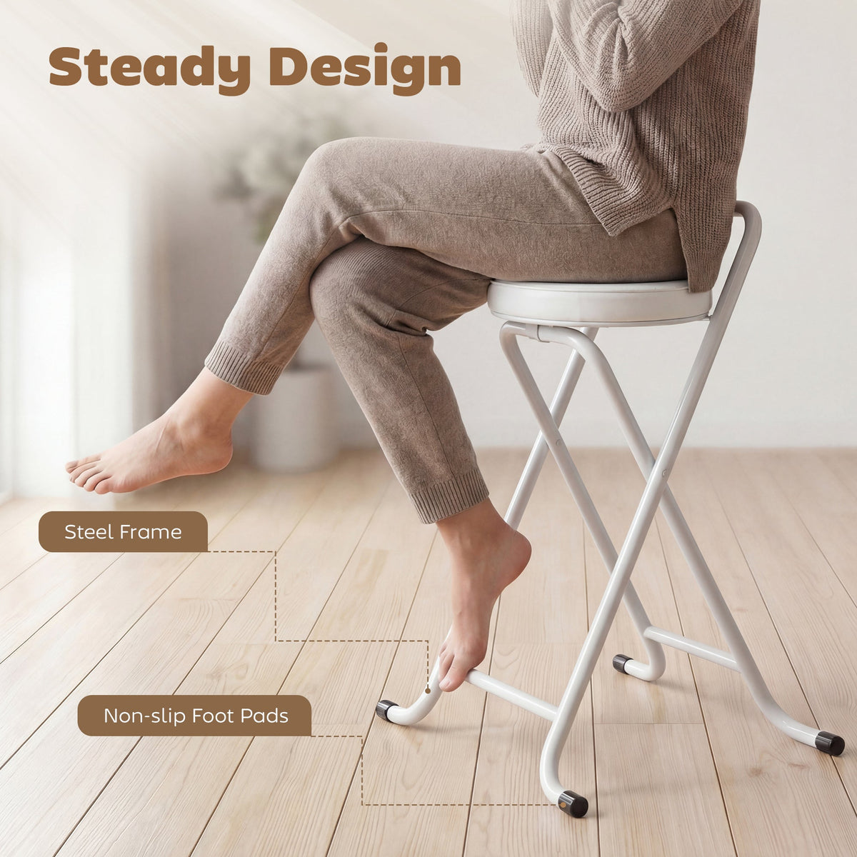 Foldable Bar Stools Set of 2, Folding Kitchen Chairs with PU Cushioned Seat, Footrest, Black
