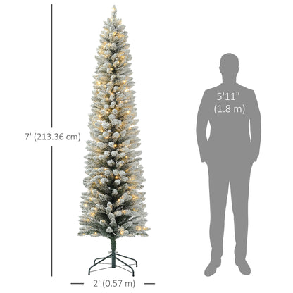 5ft Artificial Prelit Christmas Tree with Warm White LED Light, Snow Flocked Branches, Metal Base, Pencil Xmas Tree