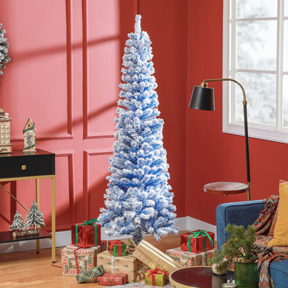6ft Flocked Christmas Tree, Pencil Christmas Tree with Realistic Branch Tips, Folding Metal Stand, Green