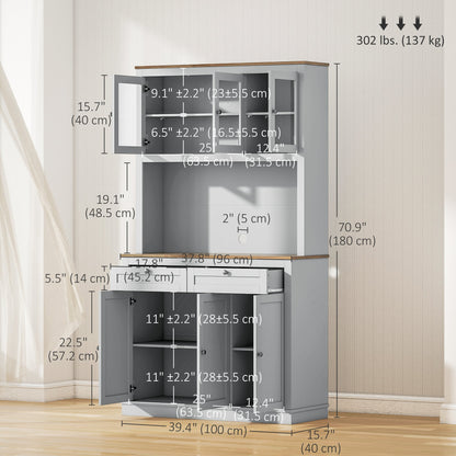 71" Pantry Cabinet with Microwave Space, Buffet with Hutch, 2 Drawers, Adjustable Shelves and Glass Doors, Blue