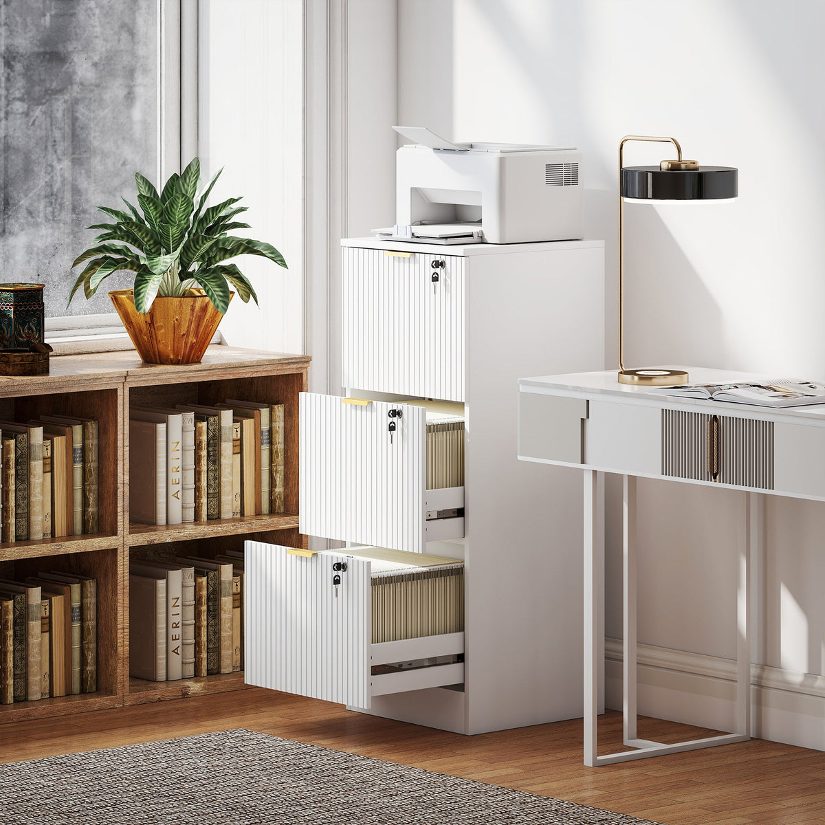 Lockable Filing Cabinet with 2 Fluted Drawers, File Cabinet with Adjustable Hanging Rails for A4 Letter Files, Black