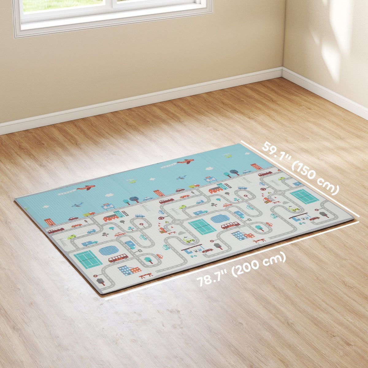 Foldable Baby Plat Mat, 79" x 59" Kids Floor Mat for Crawling and Learning, Track & Elephant Theme