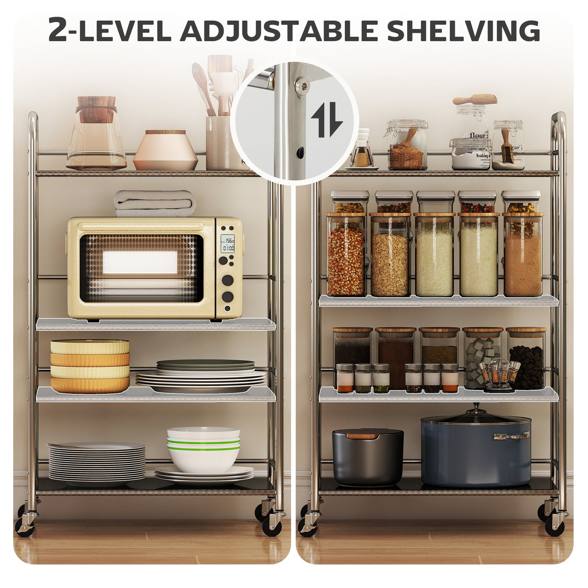 3 Tier Stainless Steel Rolling Cart with Adjustable Shelf, Utility Cart on Wheels with Handles for Kitchen, Silver
