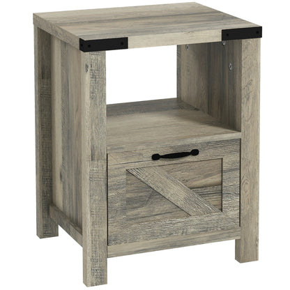 Side Table with Storage, Farmhouse End Table with Drawer, Open Shelf and Barn-style Panel, Nightstand for Living Room, Bedroom, Oak