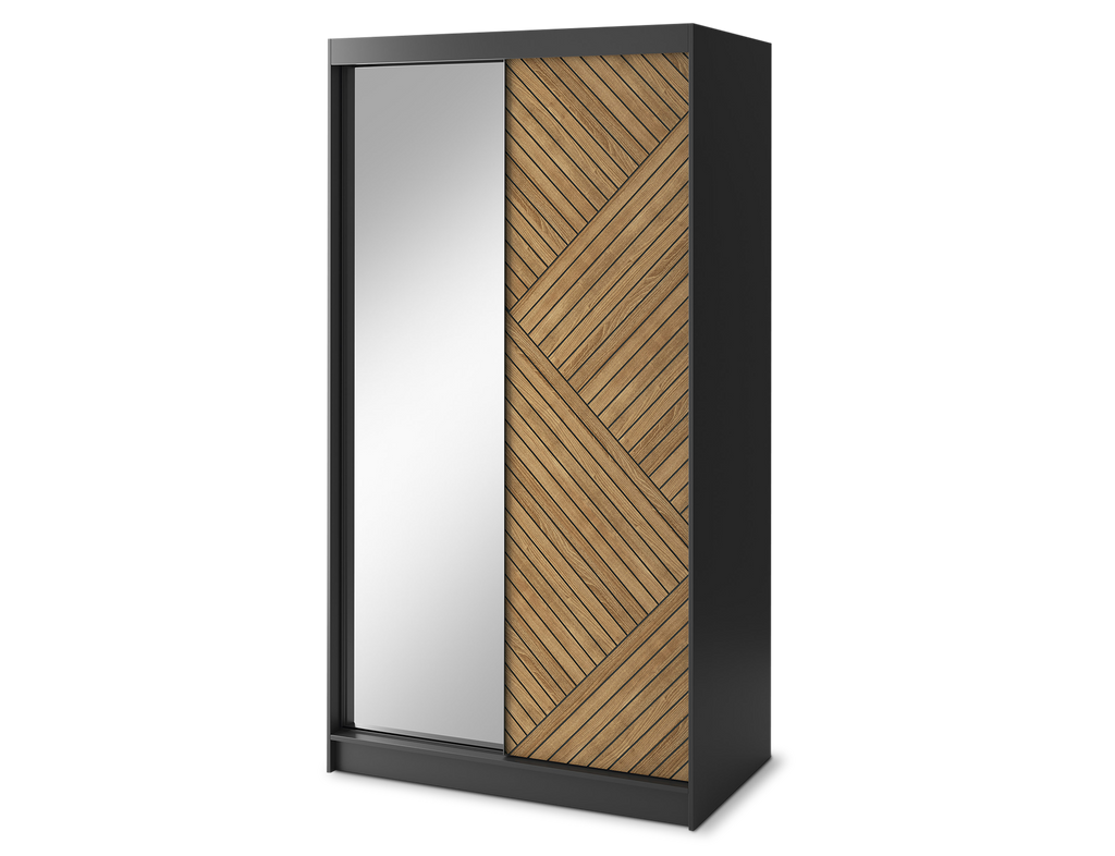 Marrphy Mirrored 2 Sliding Door Freestanding Wardrobe - Black/Oak Caramel