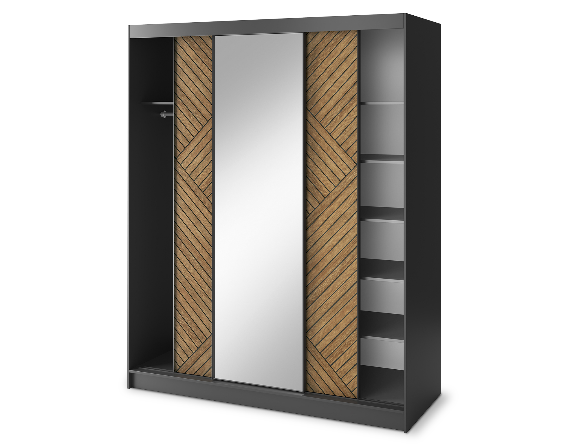Marrphy Mirrored 3 Sliding Door Freestanding Wardrobe - Black/Oak Caramel