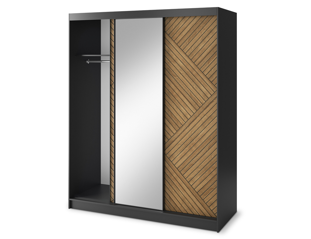 Marrphy Mirrored 3 Sliding Door Freestanding Wardrobe - Black/Oak Caramel