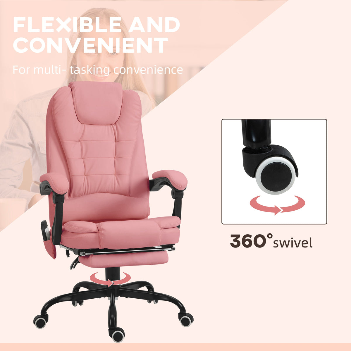 7-Point Vibrating Massage Chair, Reclining Office Chair with Footrest, Reclining Back, Adjustable Height, Pink
