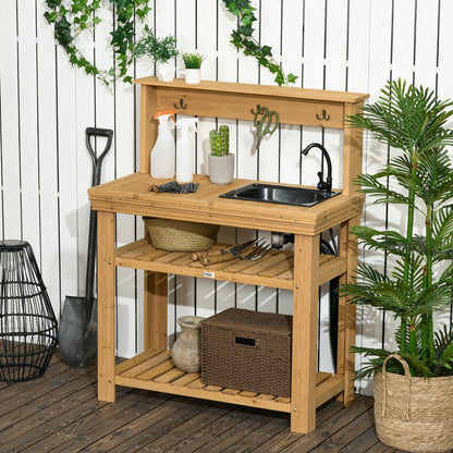 Outdoor Potting Bench Table with Faucet, Removable Sink, Hooks and Storage Shelves, Wood Work Bench Workstation, Grey