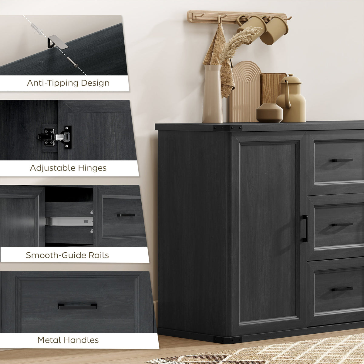 Sideboard with 3 Drawers and 2 Doors, 47" Buffet Cabinet with Adjustable Shelves for Kitchen, Black Wood Grain