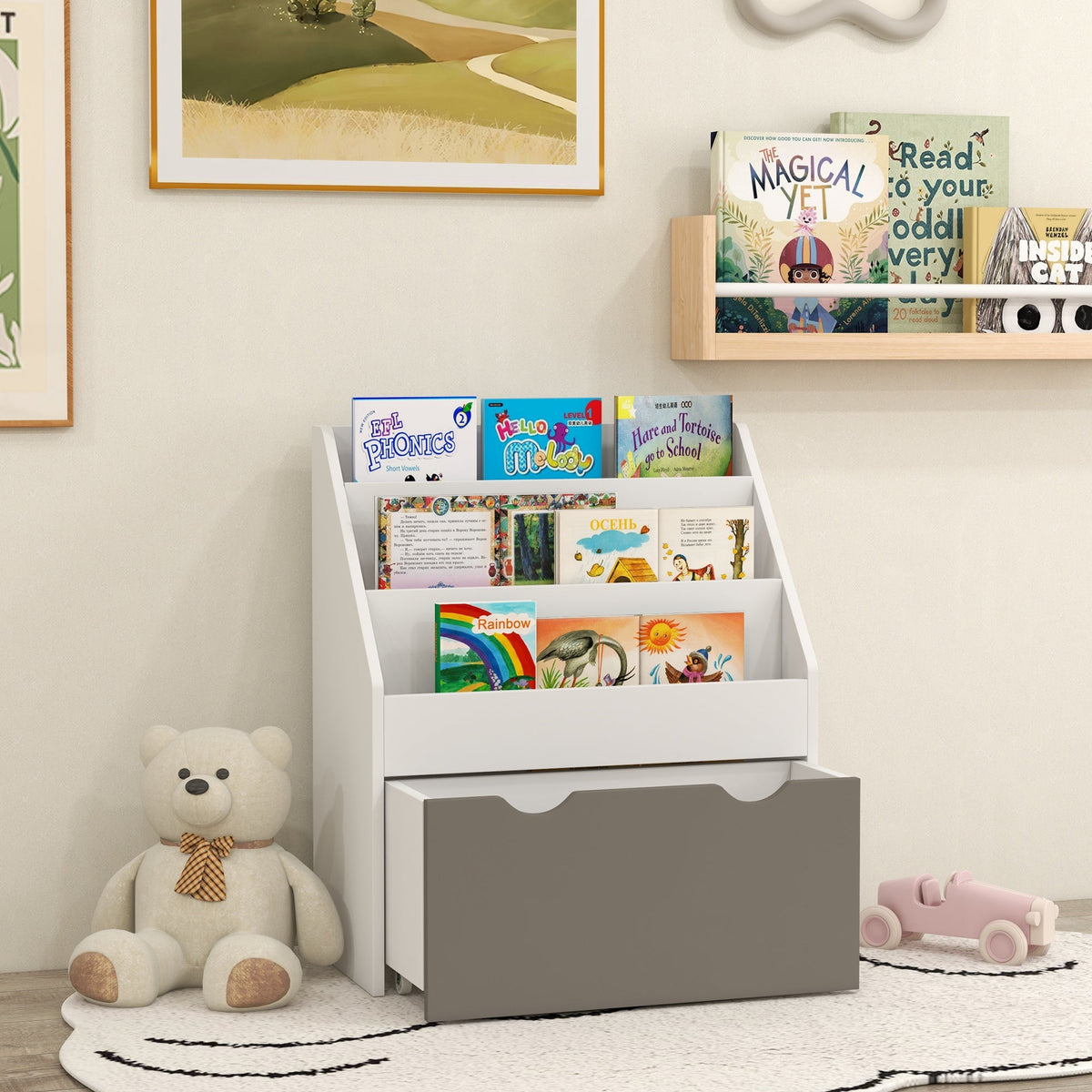 Kids Bookshelf with 3 Tier Display Shelves, Drawer for Nursery, Grey