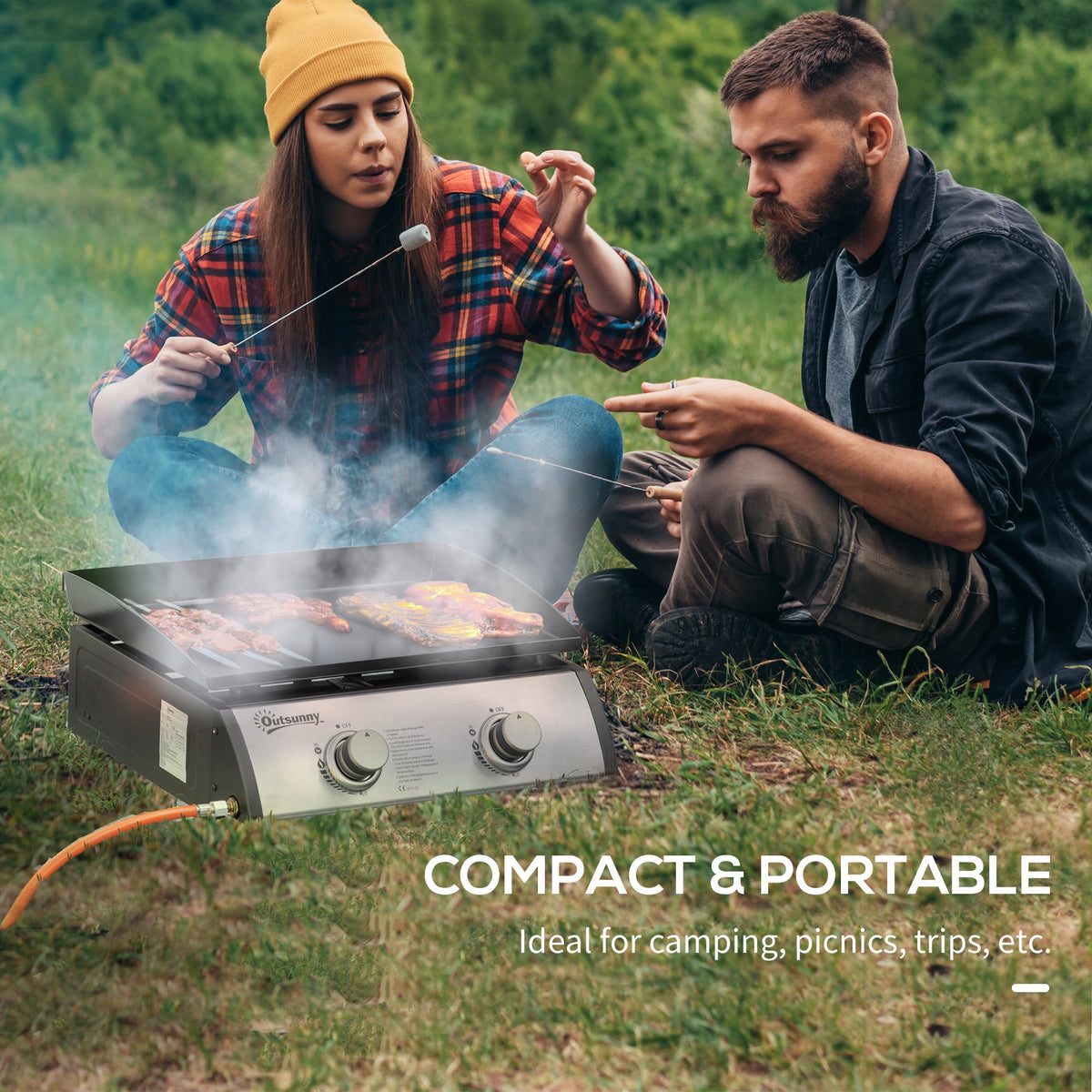 2 Burner Liquefied Gas Grill, Portable Tabletop BBQ Grill, for Camping, Picnic, Silver