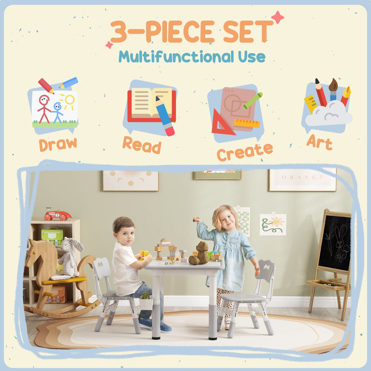 3 Pieces Toddler Table and Chair Set, Height Adjustable Kids Table and Chair Set w/ Storage, for Playroom Grey