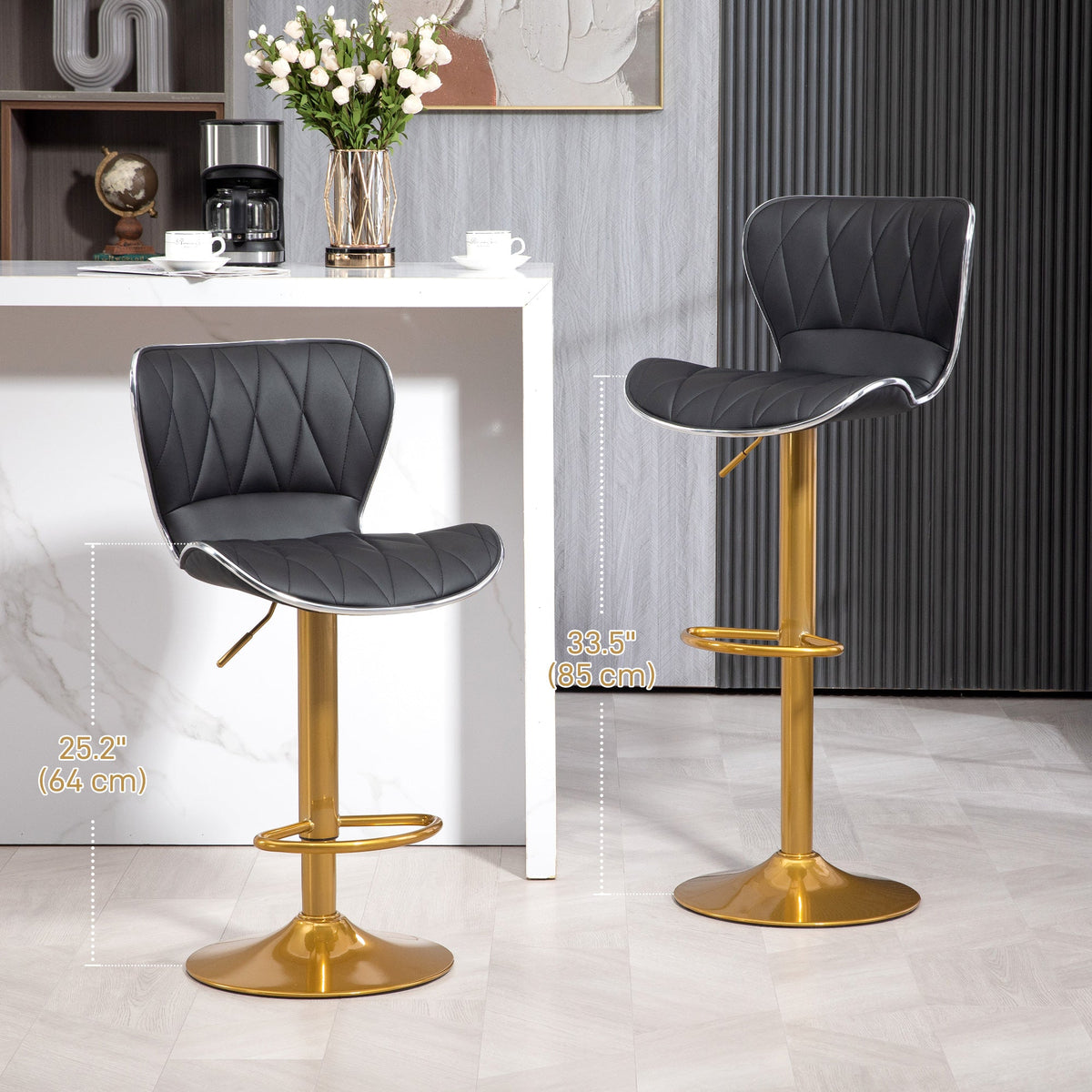 Maxi Counter Height Bar Stools Set of 2-Adjustable Height and Swivel Seat-Black/Gold