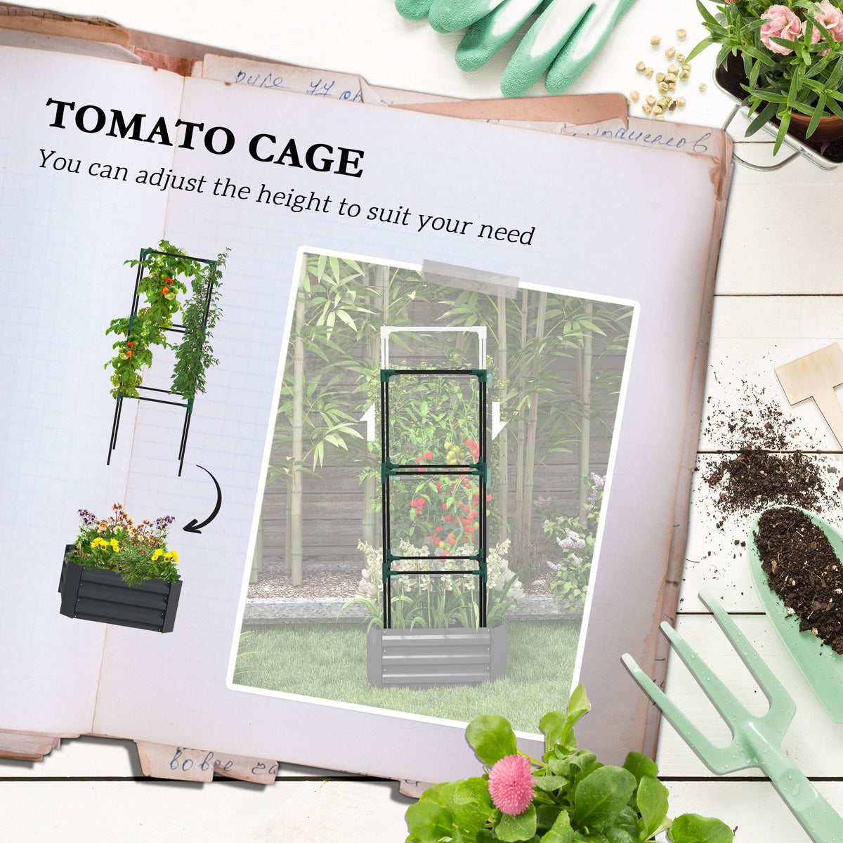 Galvanized Planter Box, Outdoor Raised Garden Bed with 3-Tier Trellis Tomato Cage for Climbing Vines, Vegetables, Brown
