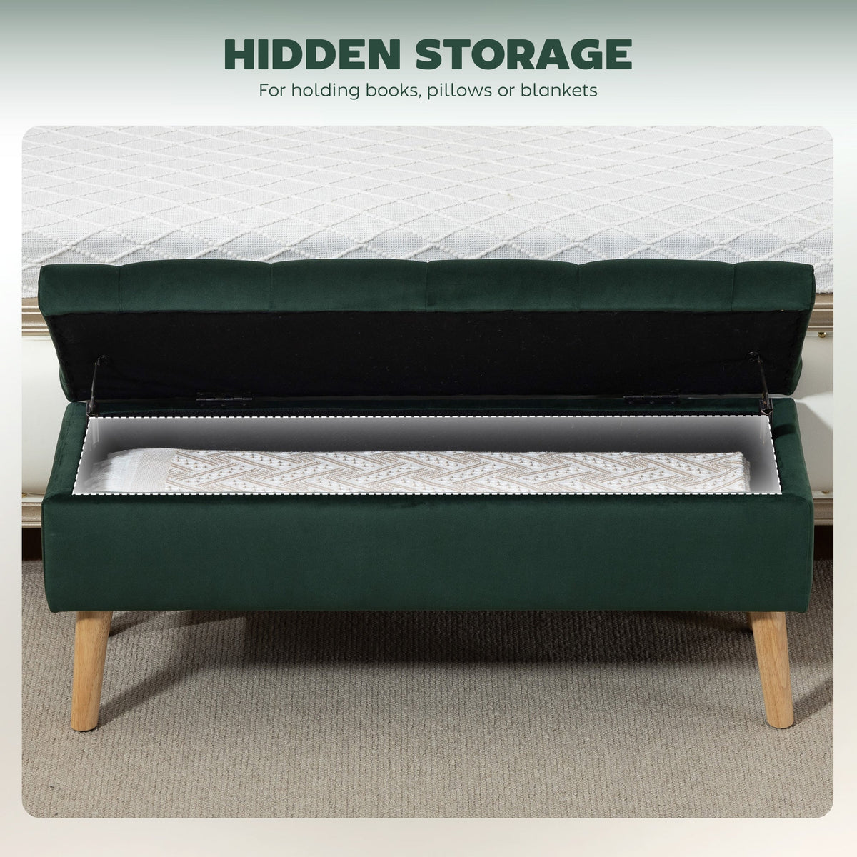 Storage Ottoman with Lid, Velvet Upholstered Storage Bench with Wood Legs for Living Room, Black