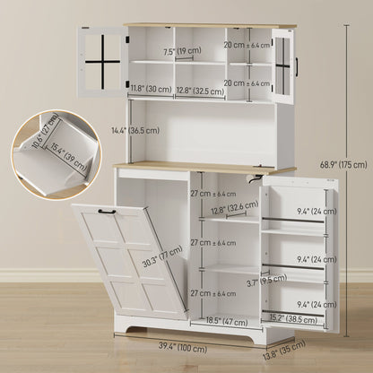 Kitchen Pantry Cabinet with Charging Station, 7 Gallon Trash Can Cabinet, Adjustable Shelves and Acrylic Doors, Black