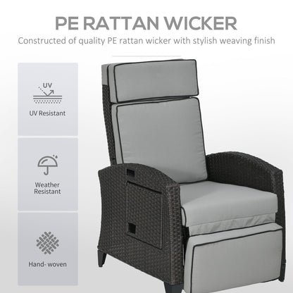 Wicker Recliner Chair with Adjustable Backrest and Footrest, Washable Cushion, Side Tray, Light Grey