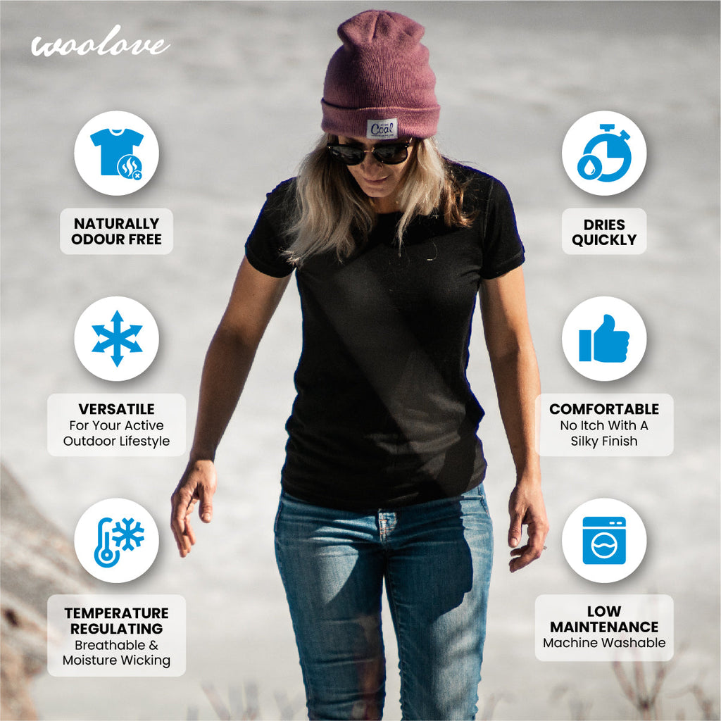 Women's 100% Merino Wool Short Sleeve T-Shirt 180 GSM - Lightweight