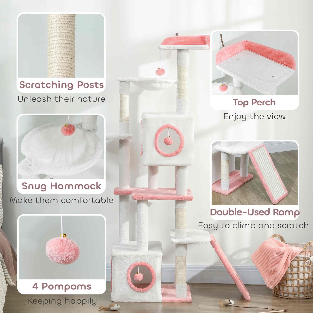 65 Inch Cat Tree with 2 Doors Condos, Plush Top Perch, Hammock, Sisal Scratching Posts, 4 Pompoms, Ramp, Grey