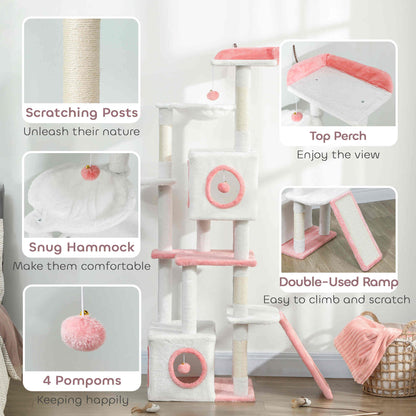 65 Inch Cat Tree with 2 Doors Condos, Plush Top Perch, Hammock, Sisal Scratching Posts, 4 Pompoms, Ramp, Grey