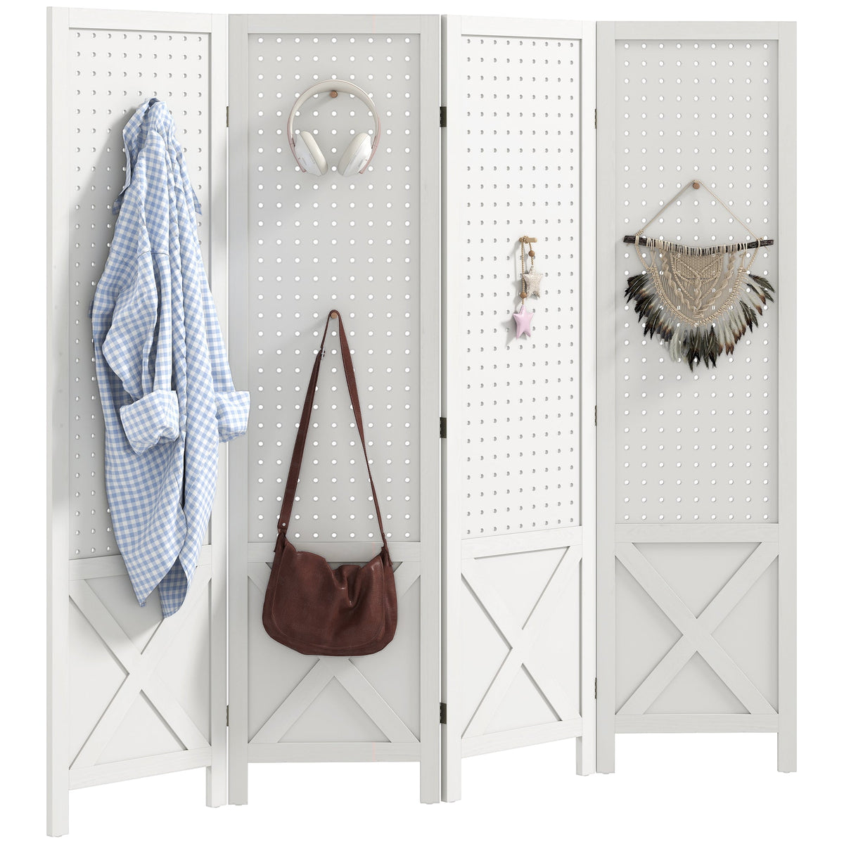 4.7' 3 Panel Wooden Room Divider with Pegboard Display, Folding Privacy Screen for Home Office, Natural